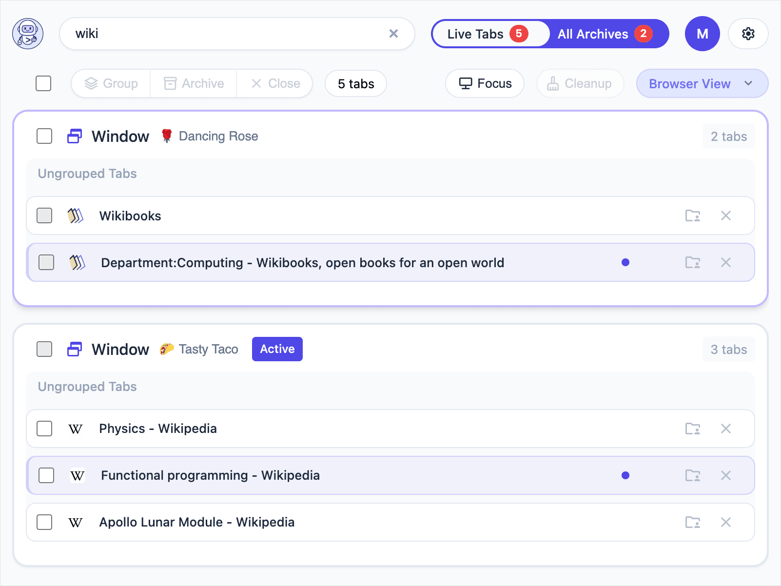 TabsPrompt search functionality showing multiple windows