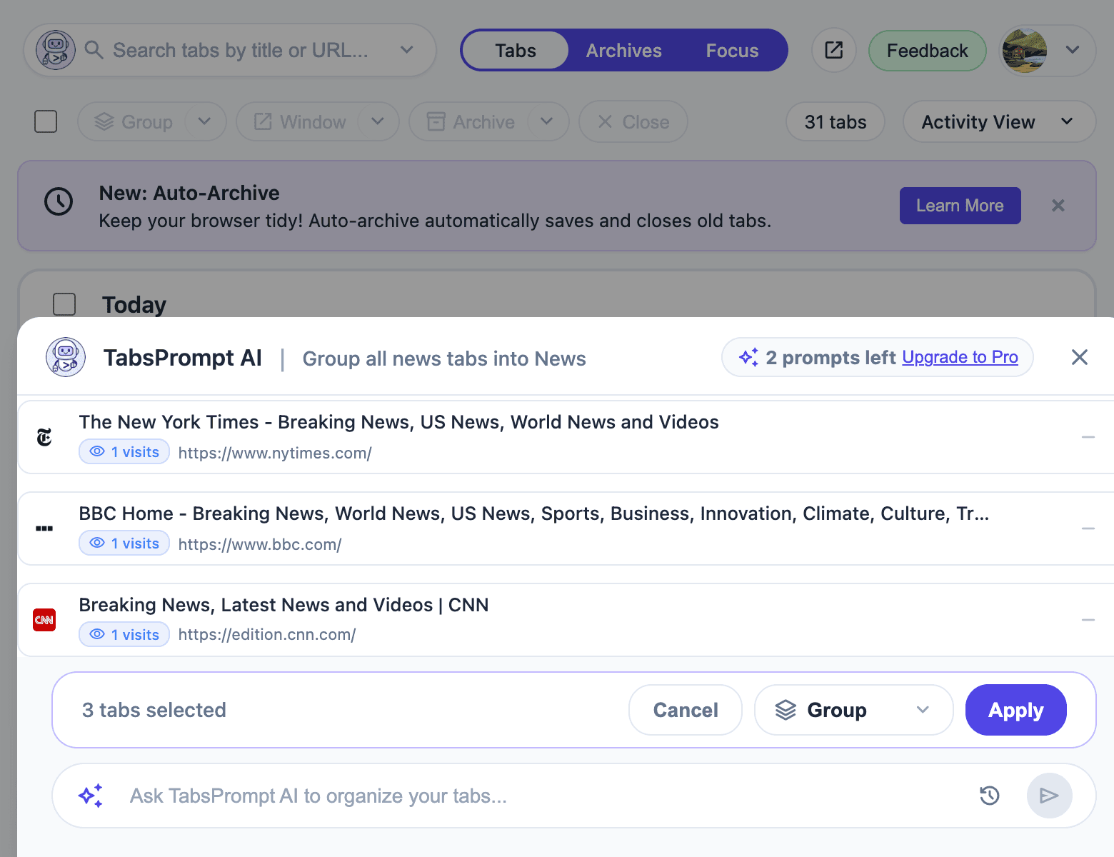 TabsPrompt activity view showing tabs sorted by recent usage
