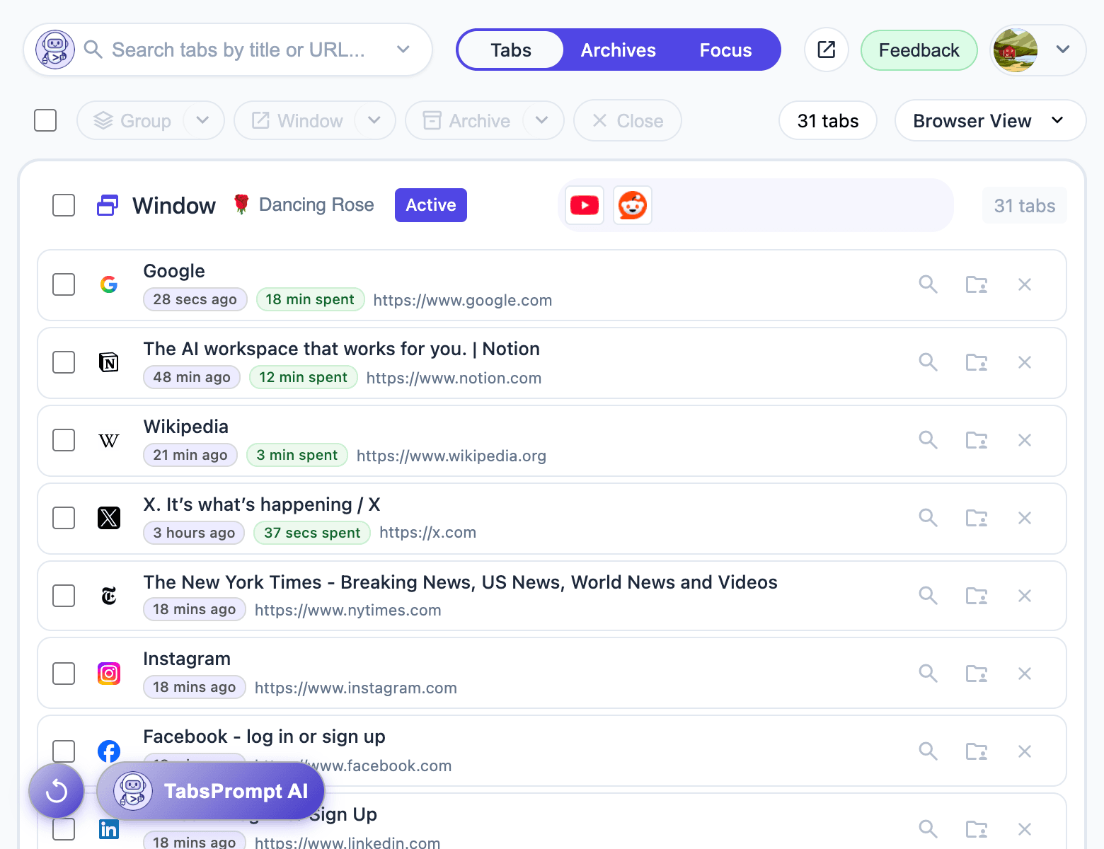 TabsPrompt browser view with tab groups organized by topic