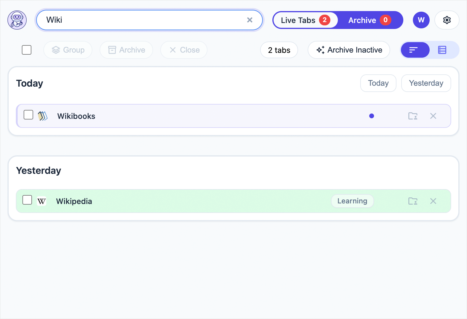 TabsPrompt search functionality showing recent tab groups