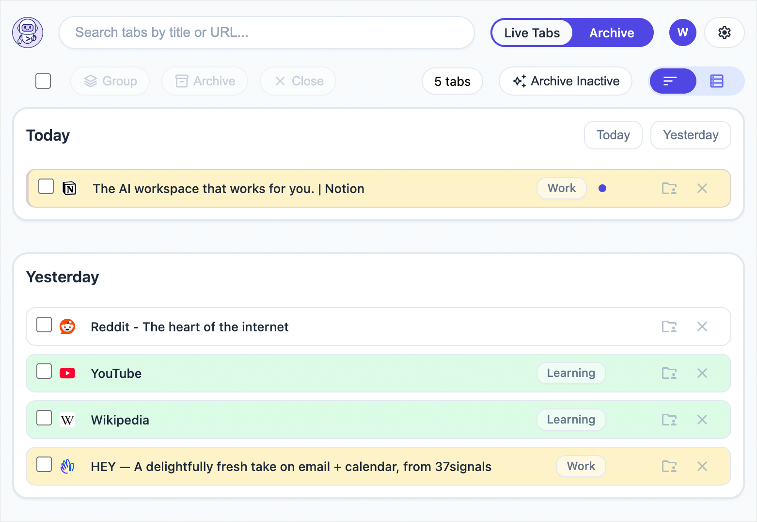 TabsPrompt interface with recent tab groups organized